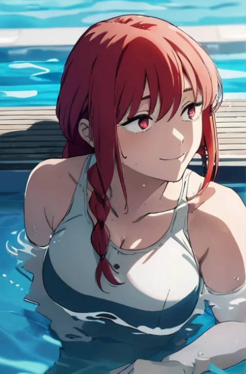 (Best quality:1.3), makima , red long hair, hair between eyes, braided ponytail, large round breasts, cleavage, one-piece swimsuit, (soaking wet:1.3), smiling, swimming pool, (pov)