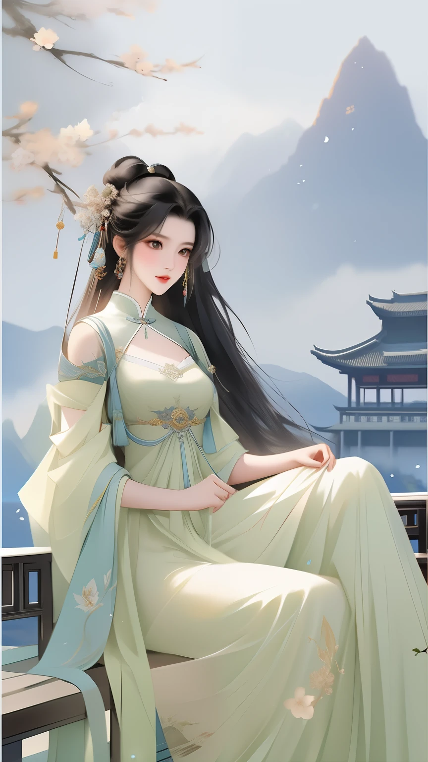 A beautifully asian female character in a flowing, elaborate hanfu. She has long, dark hair adorned with flowers and gold accents, and her attire is hanfu which features soft pink and white colors with intricate patterns. Her dress is designed with billowing sleeves and ribbons that swirl elegantly around her. (((Sexy pose))), sitting on the ground, high detailed official artwork, onmyoji portrait, full body xianxia, anime woman fullbody art, character artwork, full art, full - body artwork