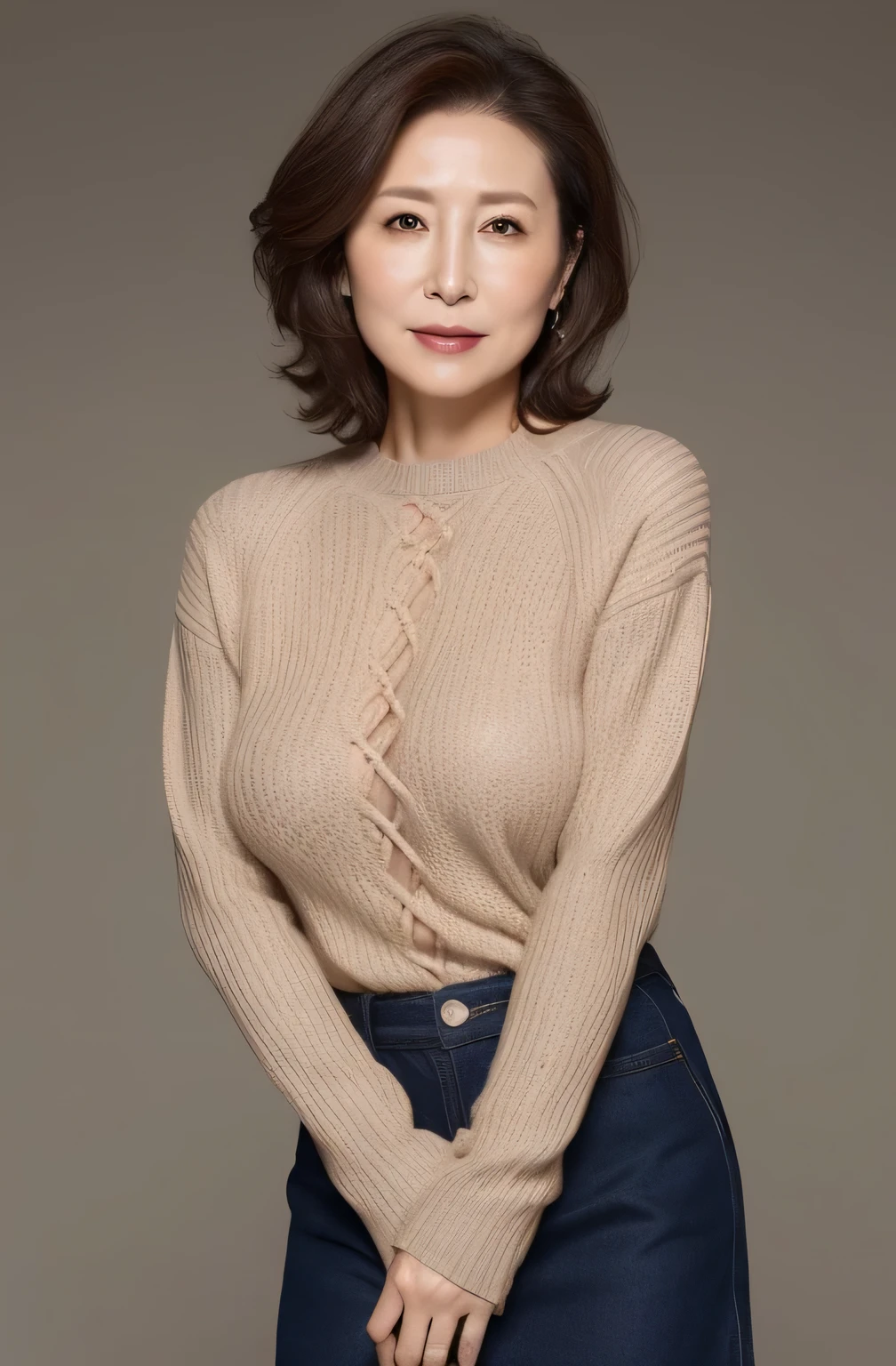 (highest quality,8K,masterpiece),
rough skin, anatomically correct, sharp, gray background((japanese mature, 70 years old)), alone, ((facial wrinkles)),
Good shape golden style big breasts, Straight light brown hair that reaches to the shoulders, Chubby body type (((stand upright, facing the center of the screen.))), Close your mouth and look straight ahead with a serious face, sweater, skirt, ((cowboy shot)),
expression of ecstasy,lip gloss,