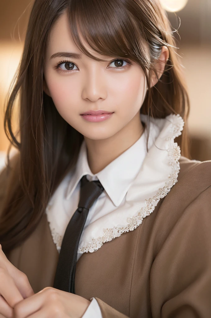 table top, highest quality, realistic, Super detailed, finely, High resolution, 8k wallpaper, 1 beautiful woman,, light brown messy hair, wearing a business suit, sharp focus, perfect dynamic composition, beautiful and detailed eyes, thin hair, Detailed realistic skin texture, smile, close-up portrait, model body shape