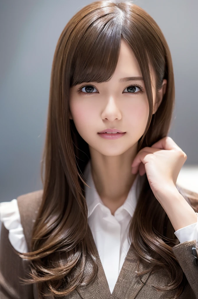 table top, highest quality, realistic, Super detailed, finely, High resolution, 8k wallpaper, 1 beautiful woman,, light brown messy hair, wearing a business suit, sharp focus, perfect dynamic composition, beautiful and detailed eyes, thin hair, Detailed realistic skin texture, smile, close-up portrait, model body shape