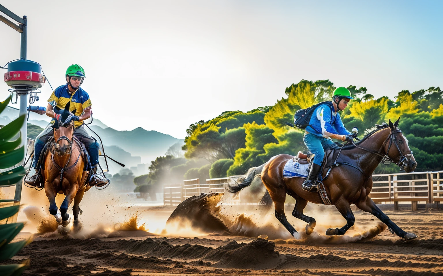 horses are running in a race with a man on horseback, filmado com canon eoa 6 d mark ii, foto tirada, action photo, prize - winning shot, tiro premiado, Rebanhos lutando, por Felipe Device, foto vencedora, dramatic action photo, tirada com canon 5d mk4, huge touro emerging from the sand, touro