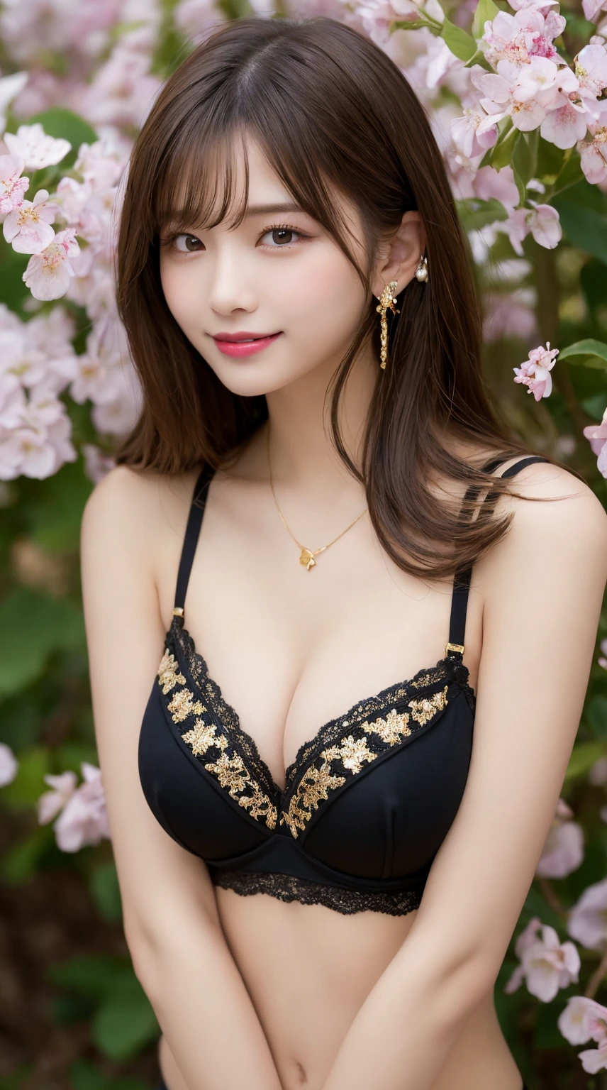 masutepiece, Best Quality, Illustration, Ultra-detailed, finely detail, hight resolution, 8K Wallpaper, Perfect dynamic composition, Beautiful detailed eyes, nsfw, cleavage, Random sexy poses, Full body, (light brown hair), wavy hair, (((Extra Long Hair))), (((huge breasts))), (real looking skin), Natural Color Lip, ((The best smile)), 17 year old, fashion modell, Beautiful woman, small diamond earrings in the ear, A small diamond pendant sparkles on the chest, ((beautiful spring background)), (Black sexy lace bra with sheer gold embroidery), (Black sexy lace thong with sheer gold embroidery)