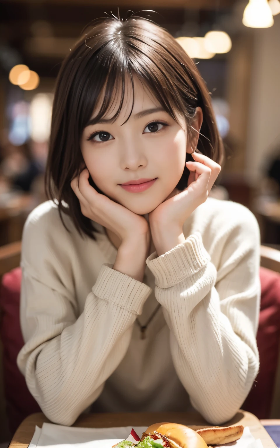 cute 21 year old japanese、Beautiful woman eating a hamburger at fast food、hamburger 4、super detail face、pay attention to details、double eyelid、beautiful thin nose、sharp focus:1.2、Beautiful woman:1.4、(light brown hair,short hair、),pure white skin、highest quality、masterpiece、ultra high resolution、(Photoreal:1.4)、Highly detailed and professional lighting、nice smile、Show the whole body、Cute winter clothes、