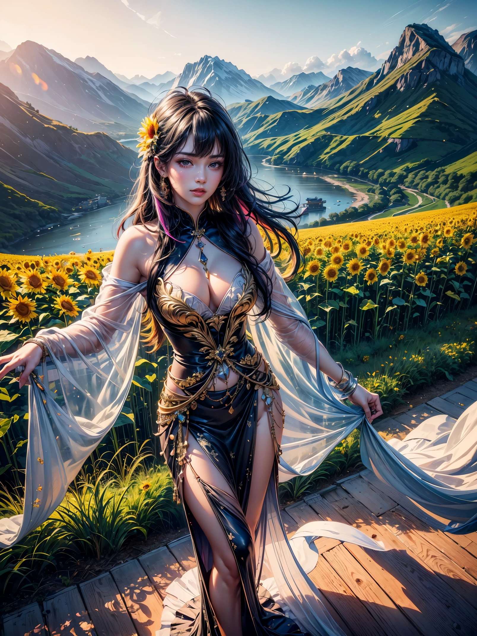 A beauty、sweet、Kind chinese village girl watercolor painting,Long black hair and warm brown skin,Wearing a simple red dress,Very nice eyes and face,big watery eyes,long eyelashes,Beautiful teeth,Long legs,Perfect slender figure,Standing in a sunflower field at sunset,golden soft light,Beautiful village in the background,A river,A small bridge,mountains in the distance,(best picture quality,8k,high resolution,masterpiece:1.2),Super detailed,ultra high definition,Studio lighting,Super fine,Extremely detailed description,major,bright colors,Dutch Golden Age,pastel colors,Sunset lights,(floral watercolor painting:1.5),(Super high saturation, bright and vivid colors:1.5), (nsfw), (Look at the audience head-on:1.5)