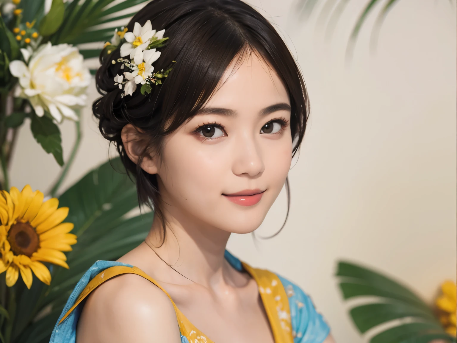 148
(20 year old woman,Floral costume), (surreal), (High resolution), ((beautiful hairstyle 46)), ((short hair:1.46)), (gentle smile), (breasted:1.1), (lipstick)