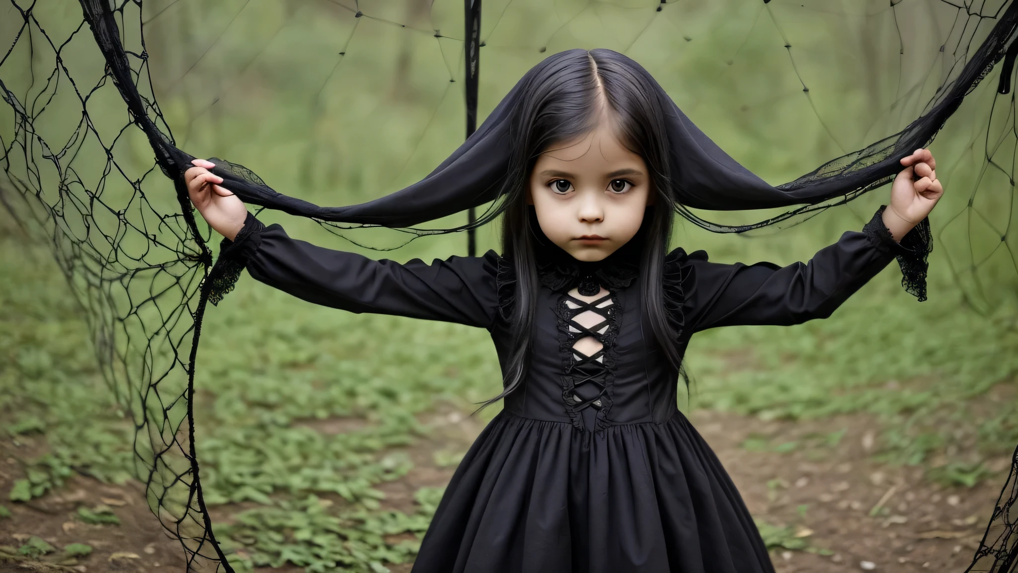  girl in gothic net symbolic clothes, 。.com (Arame farpado do corpo) cabelo de cor morena，Extremidades dos cabelos grisalhos