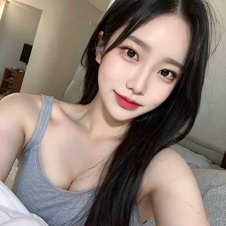 ((highest quality, 8K, masterpiece:1.3)), 1 girl, slim, (Hairstyle Long Hair, big:1.2), (gray Tank Top Pajamas1.3), super slender face, delicate eyes, double eyelid, blush, smile,(bed room:1.0),,((sweaty skin sweaty hair:1.3)),relaxing,(crawling position),transparent clothes(pov:1.2)(small breasts),soaking wet,(slightly nipples:1.1),((from_above)),((moody lighting))