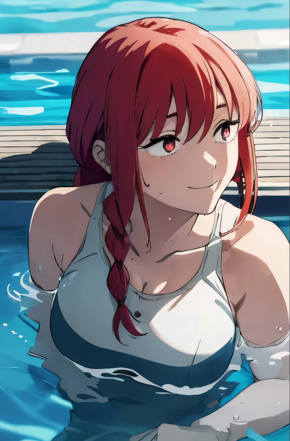 (Best quality:1.3), makima , red long hair, hair between eyes, braided ponytail, large round breasts, cleavage, one-piece swimsuit, (soaking wet:1.3), smiling, swimming pool, (pov)