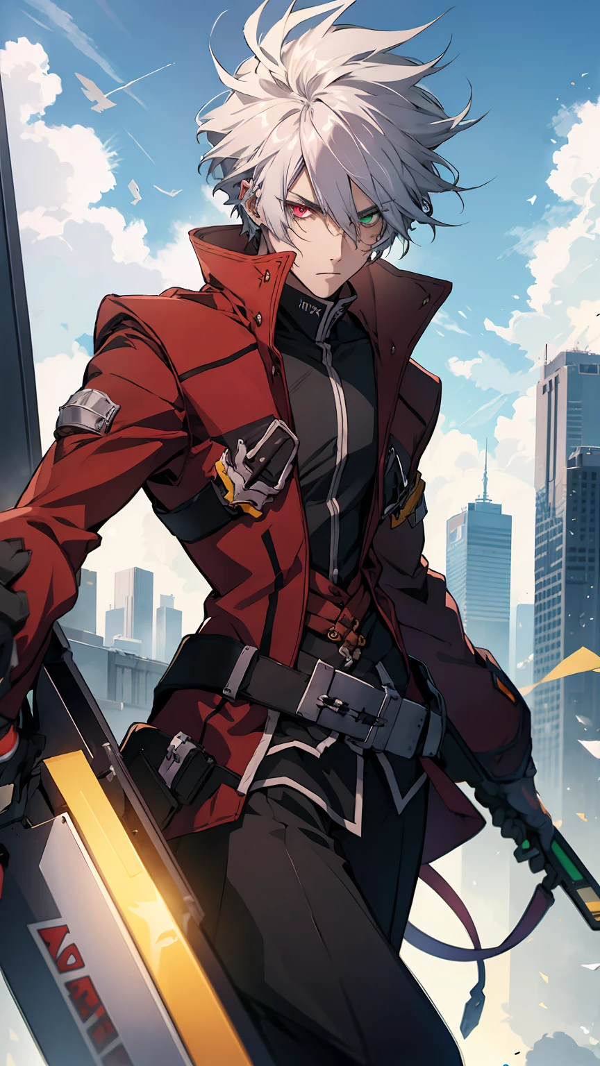 1young man,((heterochromia,right eye is red eye,left eye is green)),silver hair,modern buildings on the background,best quality, high quality, masterpiece,ultra-detailed 