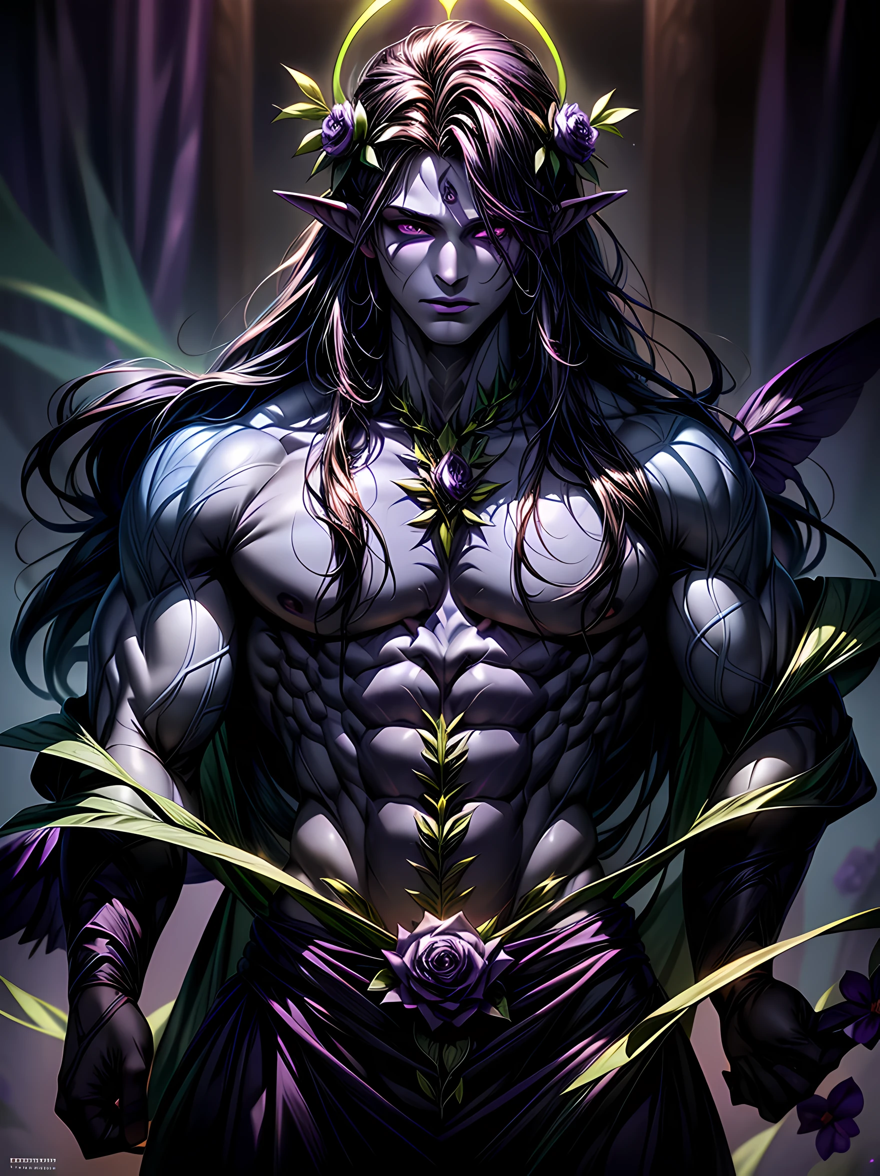 Top quality, Photorealistic, 8K, High Definition, Unity 8K wallpaper, high res, ultra sharp, masterpiece, ((masterpiece)), best quality, expressive eyes, perfect face, Super eyes, masterpiece, highly detailed exquisite character art, epic fantasy digital art style, detailed digital 3D fantasy art, ultra-realistic, male, bodybuilder male humanoid, god, deity, purple, purple vines, purple humanoid, elf ears, humanoid flower, floral head wreath, humanoid blooming out of a large rose flower, big pecs, flower wings, (((Purple Skin))) (((purple complexion))) (((Purple long hair))), neon green eyes, bloom, handsome humanoid male, sexy humanoid male, humanoid male bodybuilder attractive, spreading his pheromones, in a green house, flower clothing, plants, pot plants, flared flowy robes, glowing orange tattoos, blooming, neon (god ray), blooming out of a plant, bulge, petals, flowers, roses, wet body, sweaty, sweaty body, oily body, oily, ((he has purple skin))