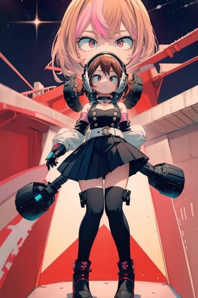 (best photo:1.2), (highest quality:1.3), style, style, looking at the viewer, starry sky background, whole body, Are standing, finely, detailed face, Full of details, very detailed, depth, 1 girl, Girl in a skirt and headphones, :3, long hair, bangs, colorful hair, ombre hair, gradient hair, Brown hair with pink tips, [[brown hair]], [[[[[[pink hair]]]]]], black crop top, gloves, red skirt, pleated skirt, stockings, black choker, red eyes, ((star-shaped pupil)),