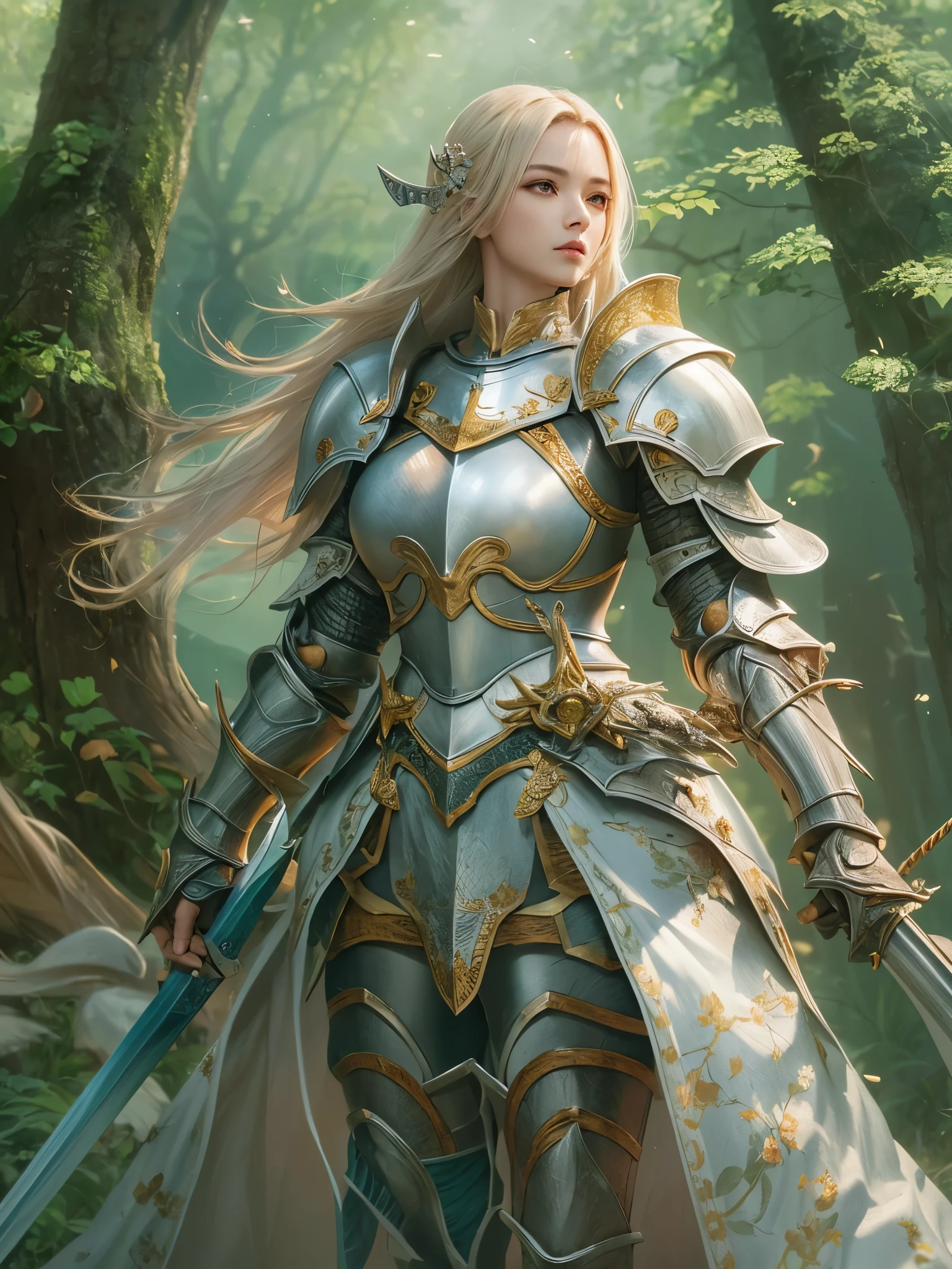 A woman in armor holding a sword in a forest - SeaArt AI