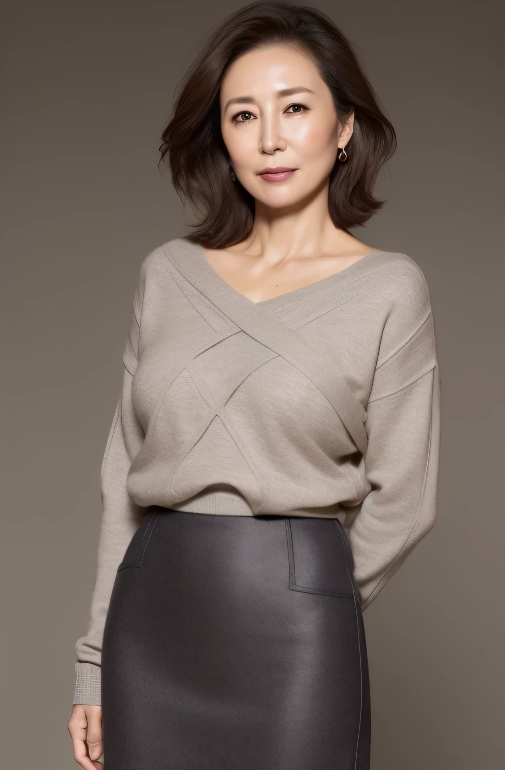 (highest quality,8K,masterpiece),
rough skin, anatomically correct, sharp, gray background((japanese mature, 70 years old)), alone, ((facial wrinkles)),
Good shape golden style big breasts, Straight light brown hair that reaches to the shoulders, Chubby body type (((stand upright, facing the center of the screen.))), Close your mouth and look straight ahead with a serious face, sweater, skirt, ((cowboy shot)),
expression of ecstasy,lip gloss,