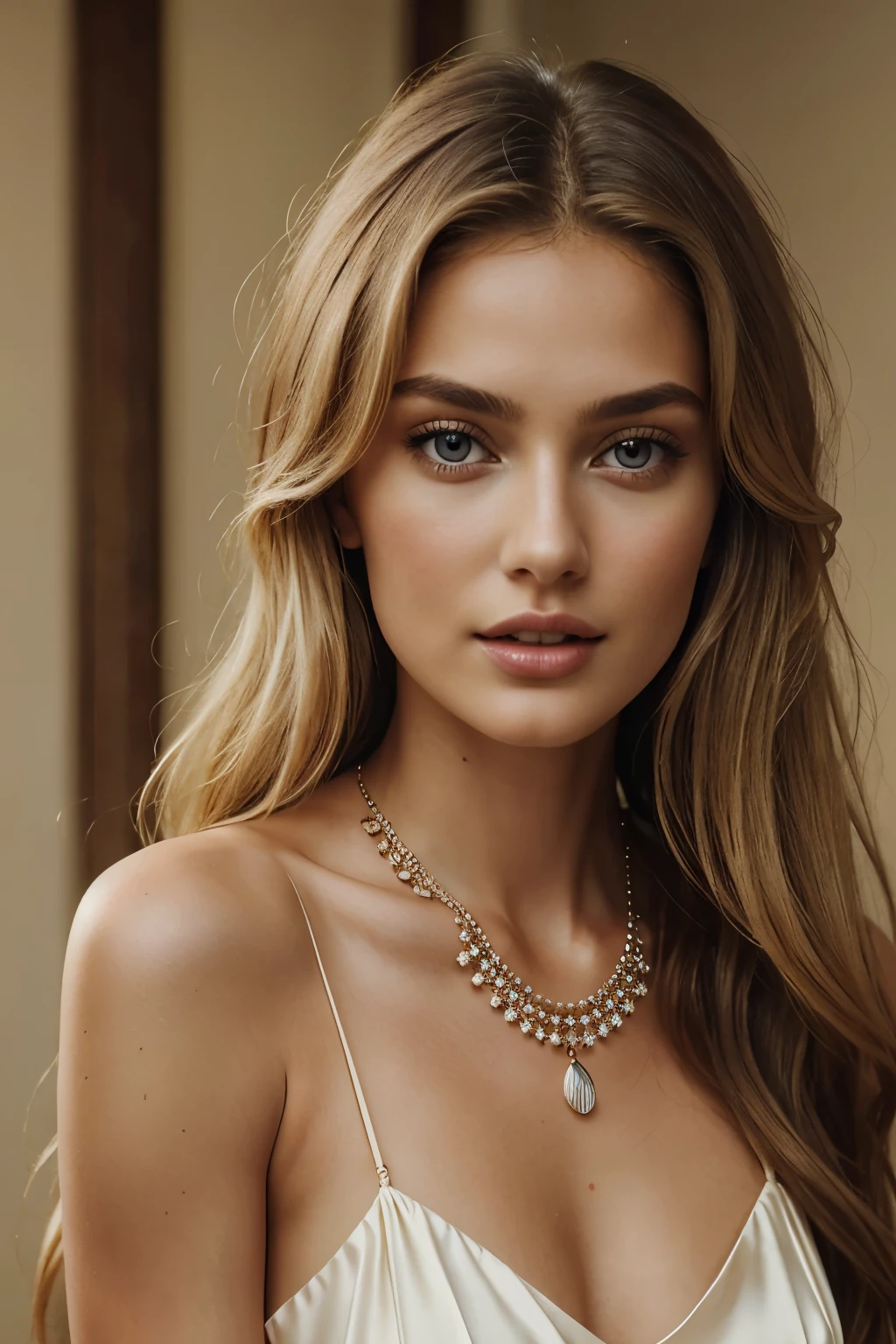 In this exquisite 8k image, we see a professional fashion model, a stunning 19-year-old girl, captivating the viewer with her mesmerizing gaze. Her long, flowing hair cascades down her shoulders, framing her stunningly beautiful face. With her luscious blonde locks and expressive brown eyes, she exudes an irresistible allure. Adorned with tasteful jewelry, including a delicate necklace, she confidently showcases her bare shoulders, adding a touch of sensuality to her overall look. Dressed in a silk dress that accentuates her flawless figure, this hyperrealistic portrayal captures every intricate detail, revealing a supermodel with a mesmerizing presence. Her realistic features, from her seductive lips to her perfectly proportioned nose, are