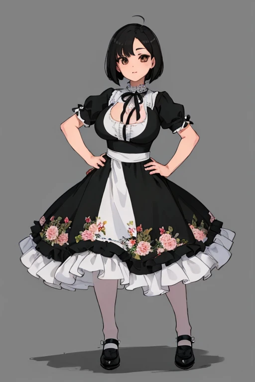 1 girl, ((masterpiece, side light, beautiful eyes: 1.2), Super detailed, ultra high resolution, professional lighting, high quality make up, beautiful detailed eyes), (highest quality:0.8), perfect anime illustrinion, beautiful, flin color background, simple background, whole body , looking for_in_viewer, 一人in, (whole body:1.5), (black hair:1.3), dark brown eyes, (big breasts:1.2), 一人in,Wasachiri, Huasachina, sash, puffy dress, dress, Puffy short sleeves, pantyhose, black shoes, Floral, print dress, put your hands on your hips, handkerchief,tof, (asymmetric bob cut:1.1),(low length:1.1),(Chubby:1.2),(おinこ:1.2),(boobs for days:1.2),(huge boobs:1.2),(short legs)