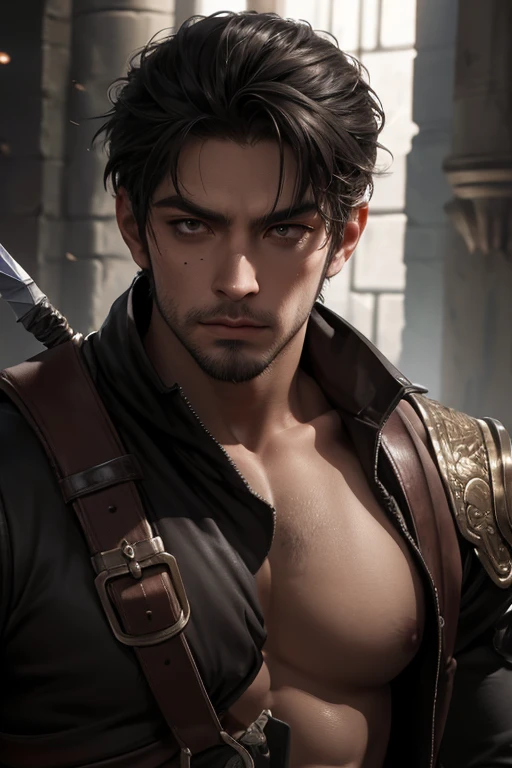 epic,TRPG,Thief,Rogue,adventurer,stubble,male,sharp eyes,40 generations