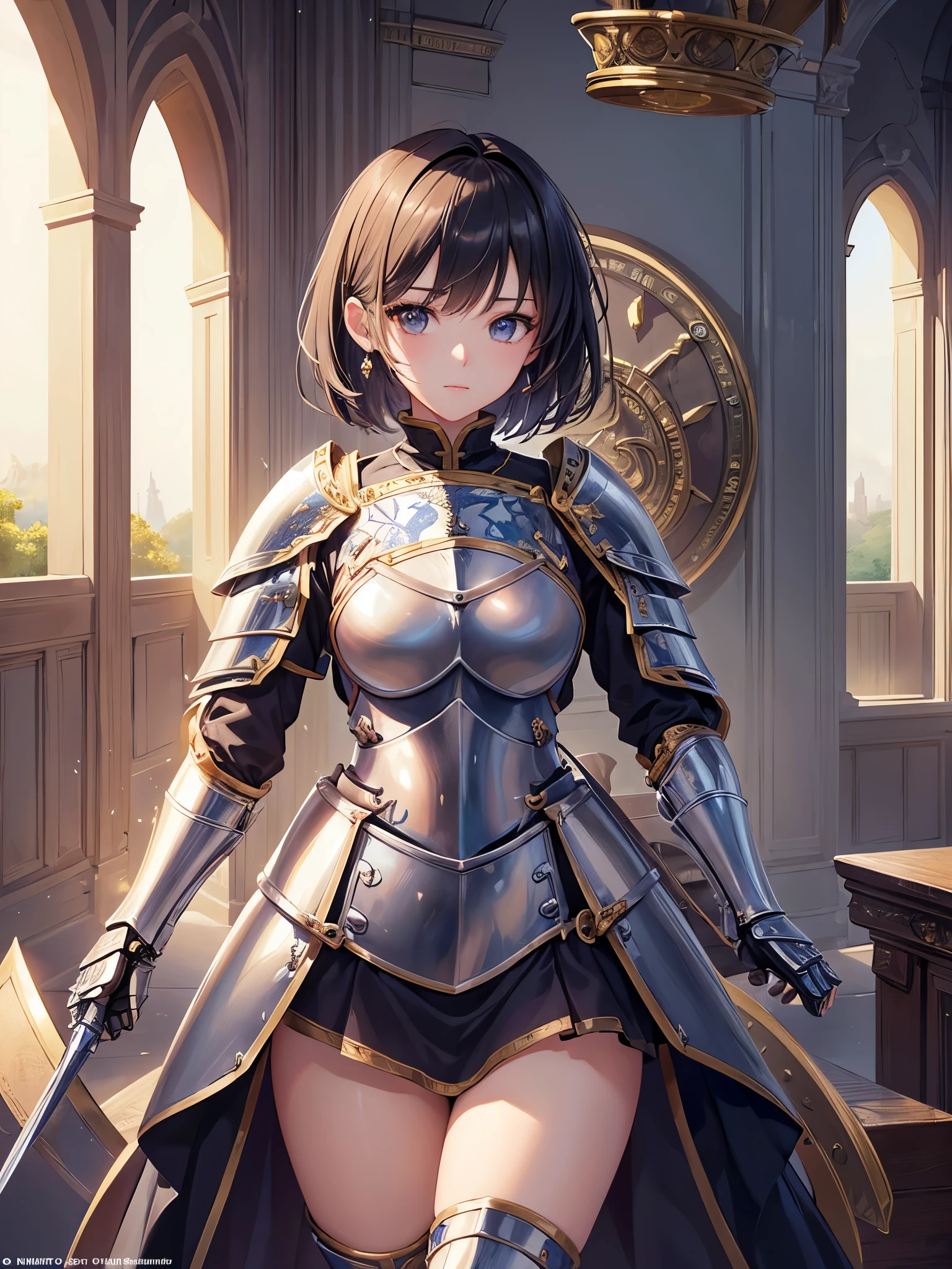 ((highest quality)),(ultra high resolution),(超詳New),(detailed description),((best CG)),(best work of art),super precision art,素晴らNew描写芸術,(Fantasy art with precise details:1.5), (1 Female Knight:1.6),beautiful and well-shaped face:1.6,Rin々New:1.5,natural makeup:1.4,short hair:1.8,Meticulously detailed armor:1.6,Precise and detailed reliefs:1.7,