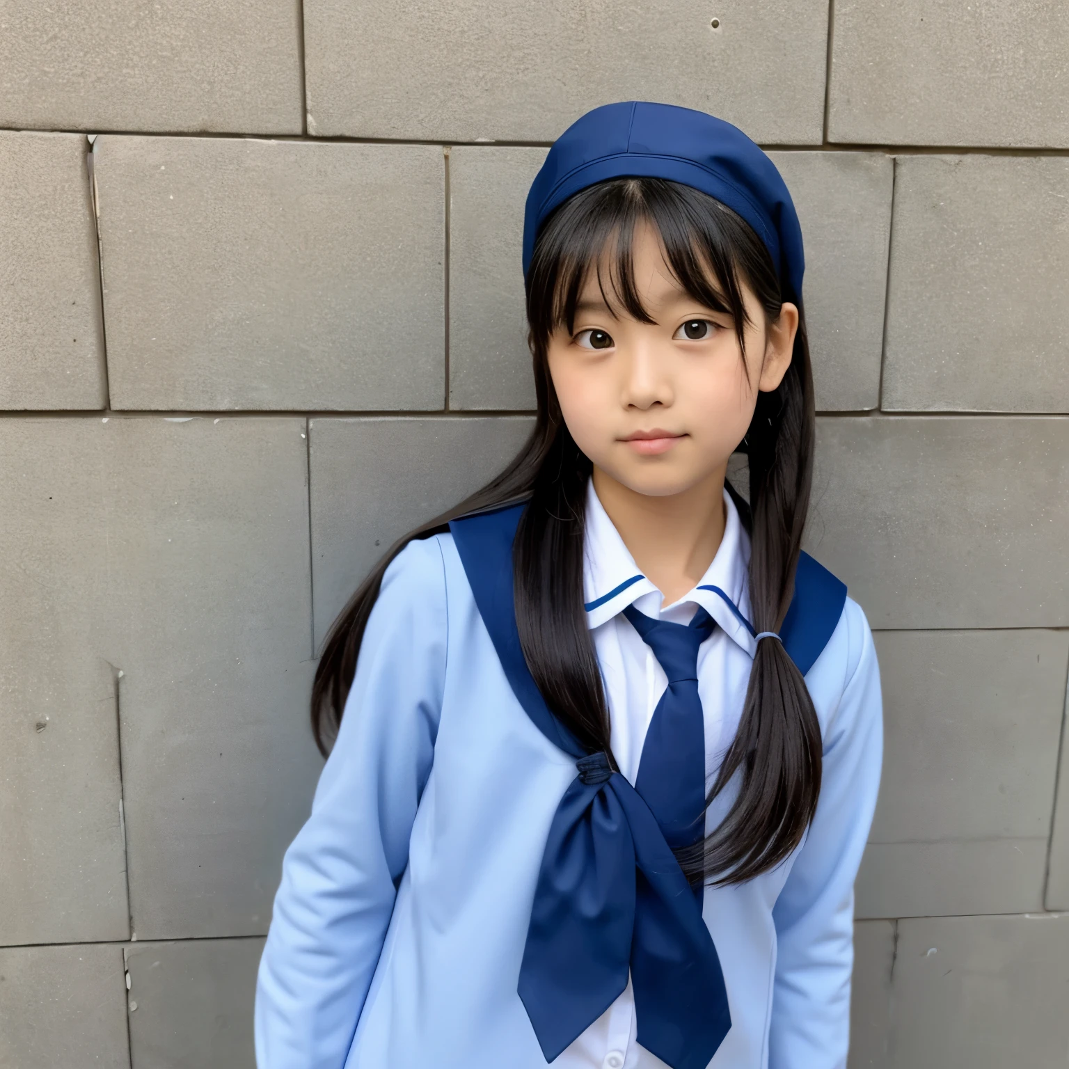 beautiful illustrations、highest quality、ultra high resolution、Professional specifications、(((Elementary school girl looking outside with her hands on the window glass.))、((school classroom window glass))、light blue school sailor uniform、very short skirt、((Police Officer Cap))、short sleeve、'face、looking at the viewer、stand with your butt up