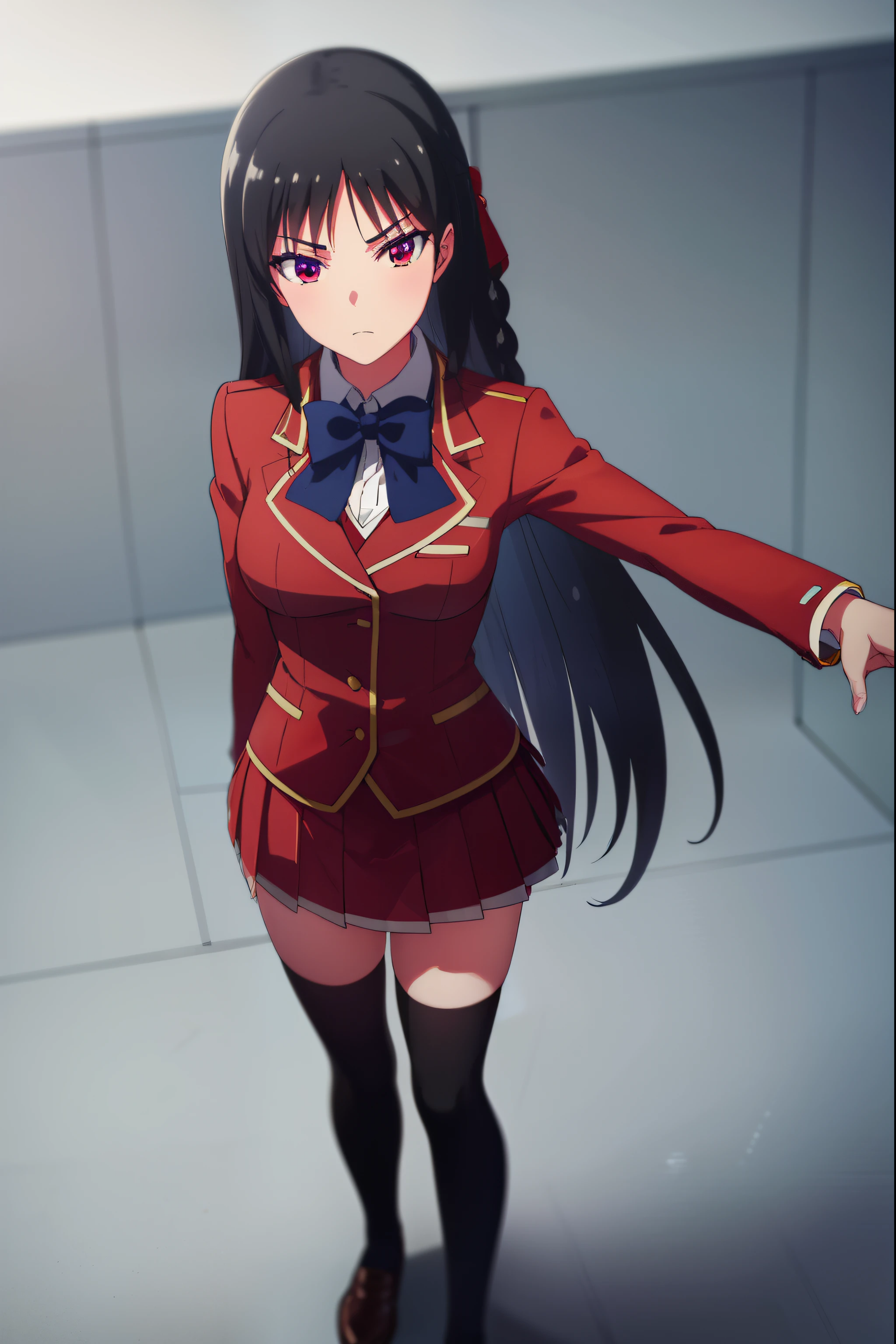 suzunehorikita, suzune horikita, black hair, braid, long hair, (purple eyes:1.1),
BREAK advanced nurturing high school uniform, black thighhighs, blazer, bow, bowtie, buttons, jacket, long sleeves, pleated skirt, school uniform, thighhighs, white skirt, zettai ryouiki, (red blazer:1.5),
BREAK looking at viewer, full body,
BREAK indoors, classroom,
BREAK (masterpiece:1.2), best quality, high resolution, unity 8k wallpaper, (illustration:0.8), (beautiful detailed eyes:1.6), extremely detailed face, perfect lighting, extremely detailed CG, (perfect hands, perfect anatomy),