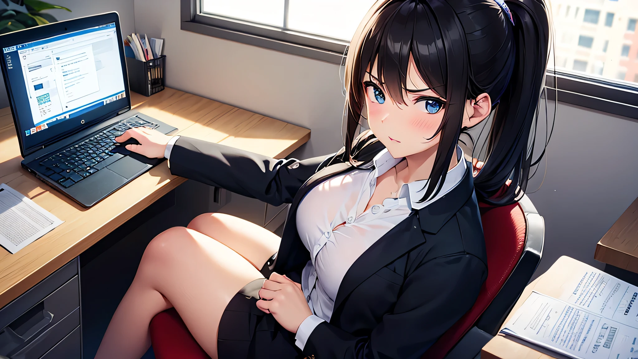 (8K, RAW photo:1.2),detailed face and eyes,最high quality, ultra high resolution, very detailed ,intricate details ,inside the office ,pretty girl , soft light like a movie, hyper detail,sharp focus, high quality,suit,Shirt Formal,ponytail,black hair,Salt compatible,blushing face,high angle,business suit,I was irritated,whole body,anger,unpleasant,one girl,The computer is on the desk,sitting,Working on a computer