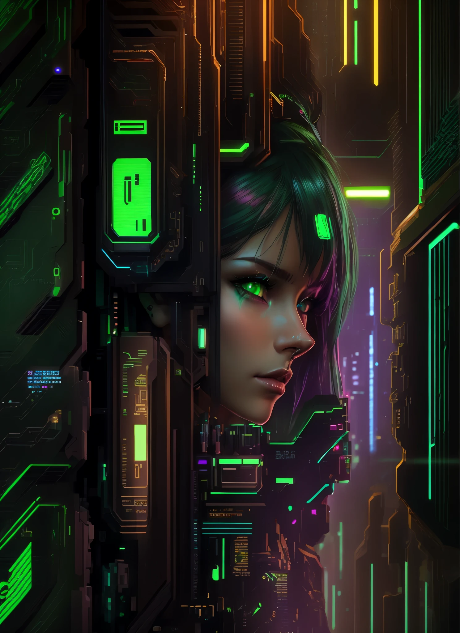 a close up of a person with green eyes and a circuit, cyberpunk digital art, cyberpunk digital painting, detailed cyberpunk illustration, cyberpunk art style, cyberpunk artstyle, cyberpunk illustration, cyberpunk face, cyberpunk art, cyberpunk themed art, 4k detailed digital art, advanced digital cyberpunk art, 4k highly detailed digital art, cyberpunk pixel art, cyberpunk shading