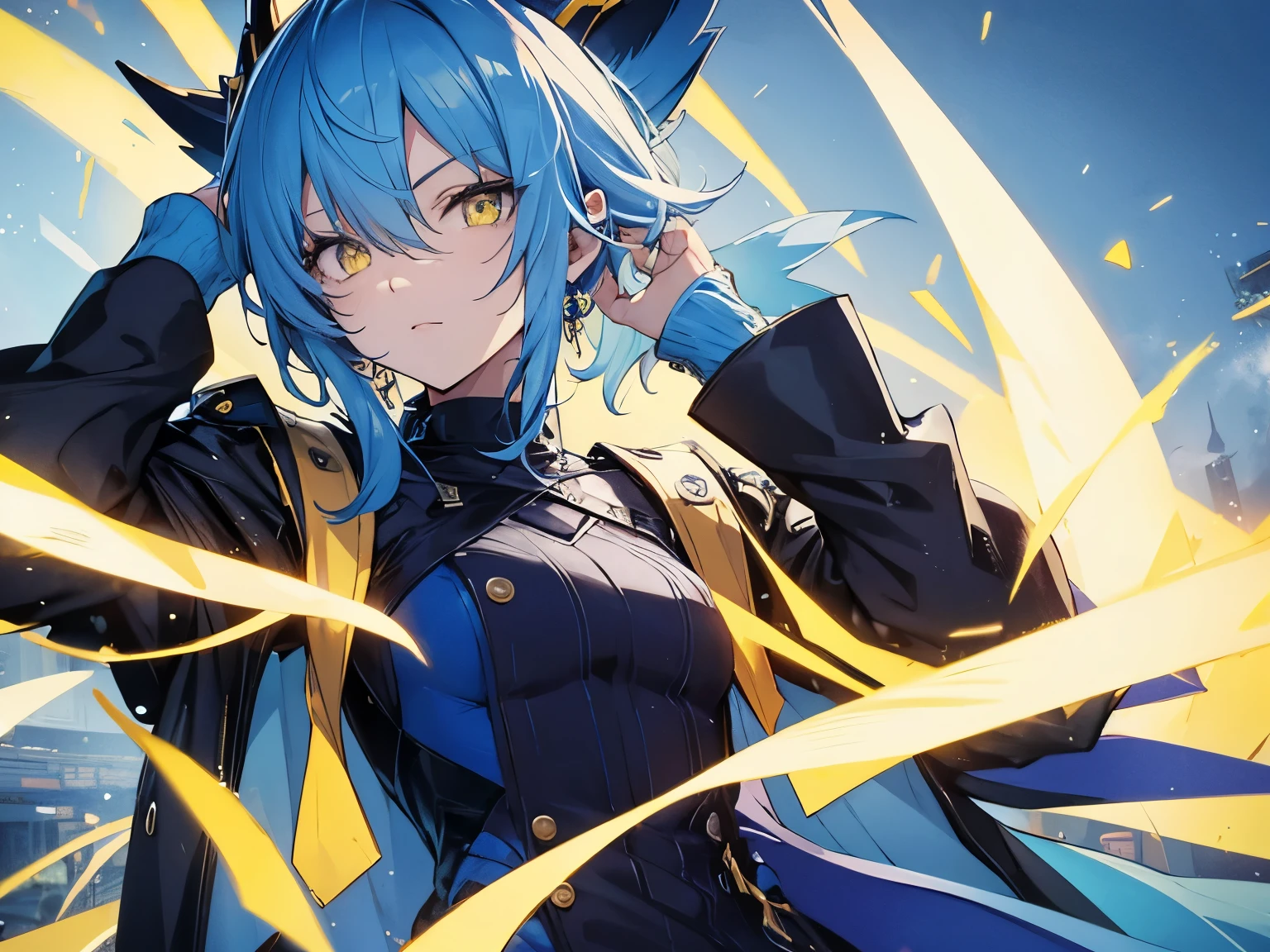 blue hair yellow eyes villain