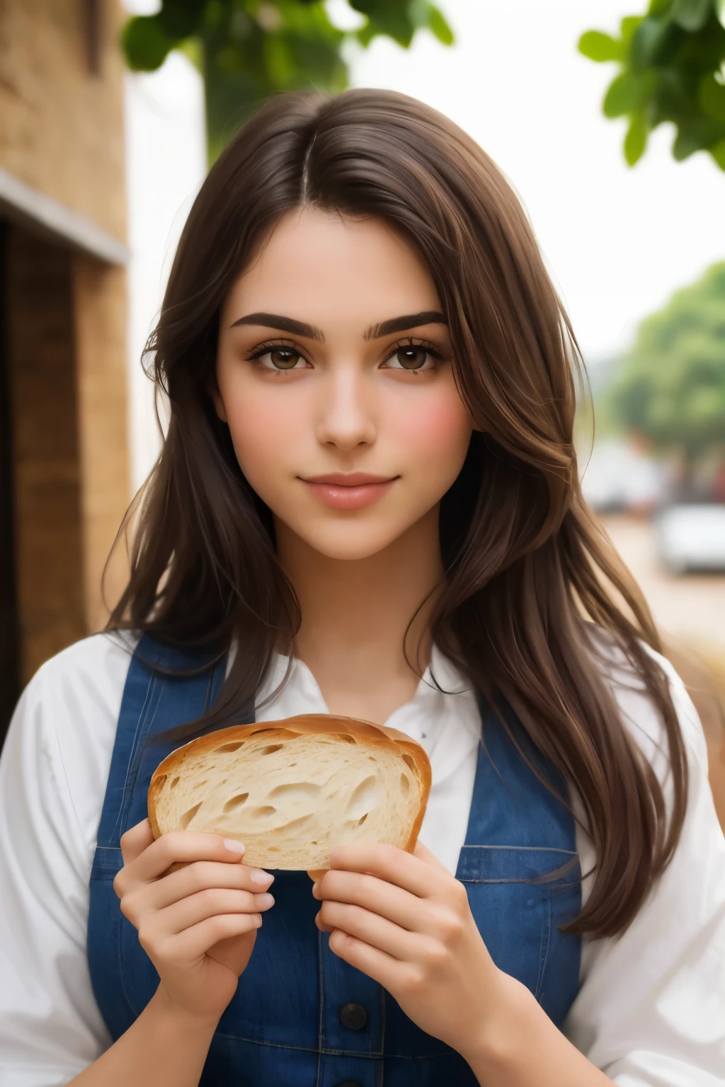 brunette holding a piece of bread, peito nu, seios a mostra((melhor qualidade)), ((obra de arte)), (detalhado), rosto perfeito