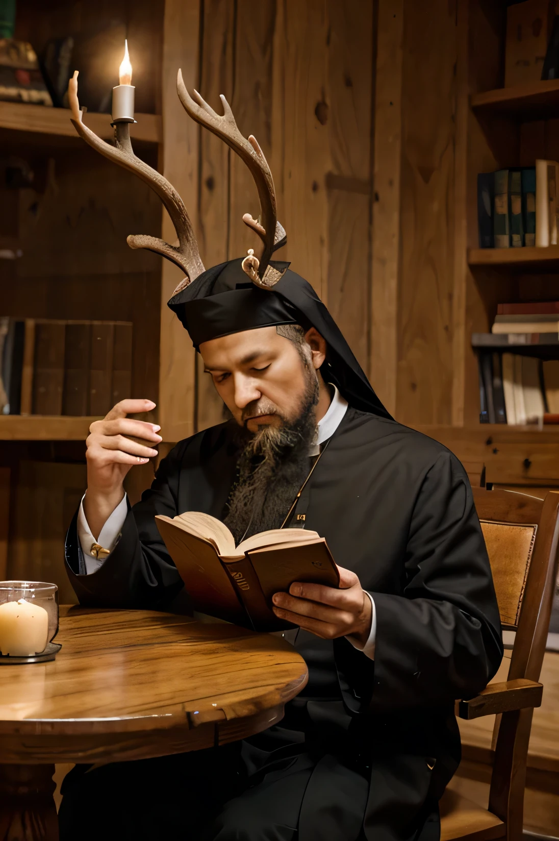 Orthodox priest with deer antlers sits at the table and reads a book.