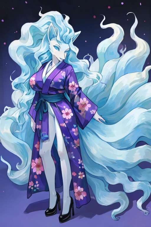 ((Alolan Ninetales)), anthropomorphic, big boobs, big ass, pokemorph, (((1girl))), (((purple kimono))), (white shirt),(blue jeans), (black heels), cute and sexy, slender, light blue skin, long legs, smiling