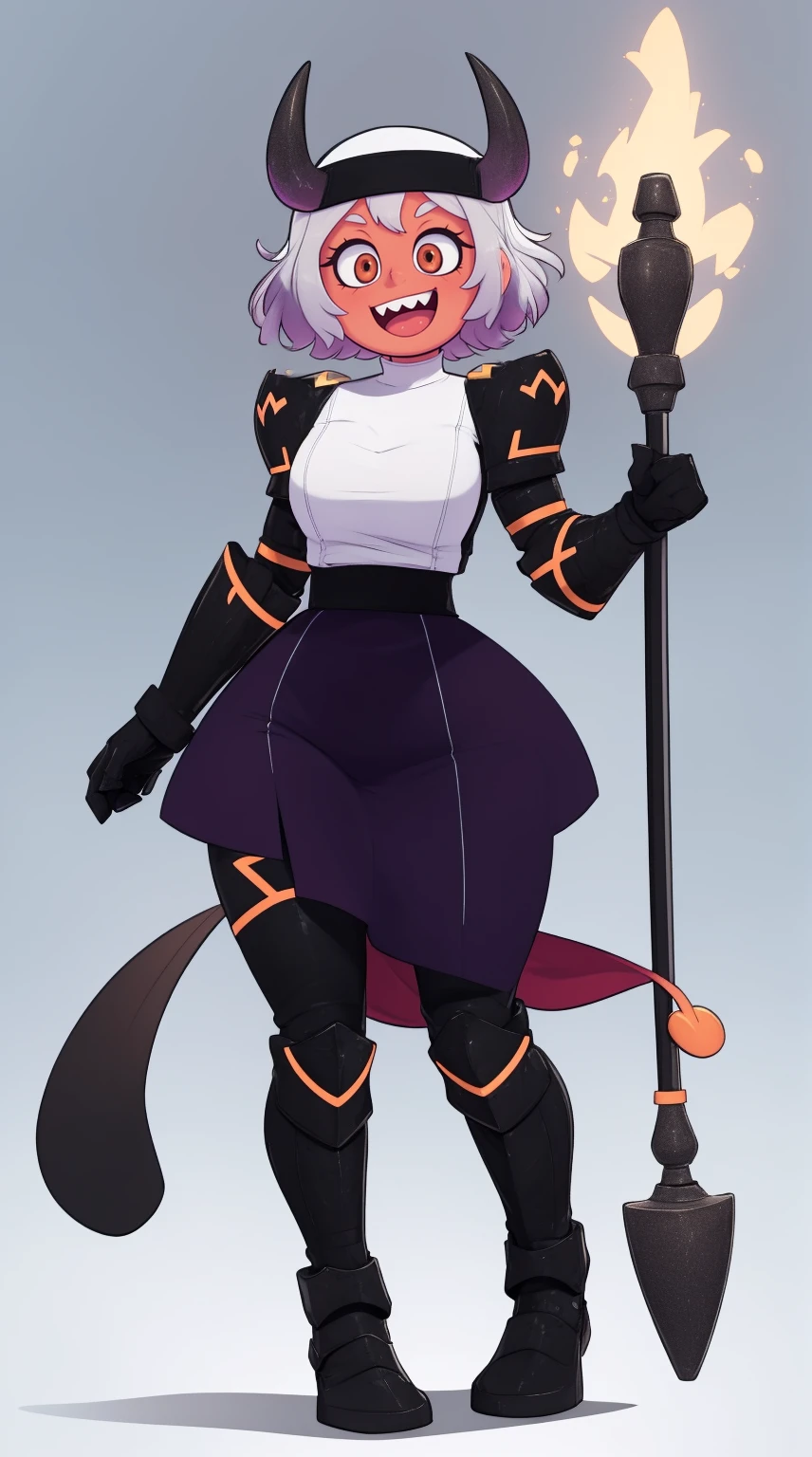 nun, demon girl, walking, , warpriesstes, silver hair, short hair, sacred gauntlets, long ski, cute smile, pure smile, love smile,,veillong skirt, pantyhose, staff holding, armor, gloves, standing, full body,sharpteeth,standing, full body, happy, joyfull