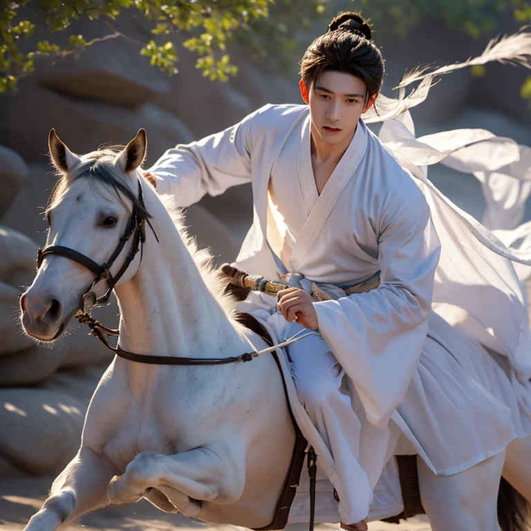 martial arts,Riding a white horse,That young man in white,male,Asian,Handsome,The face is like jade,Sword in hand,Flying sand and flying rocks,Ultra HD quality,Character front close-up