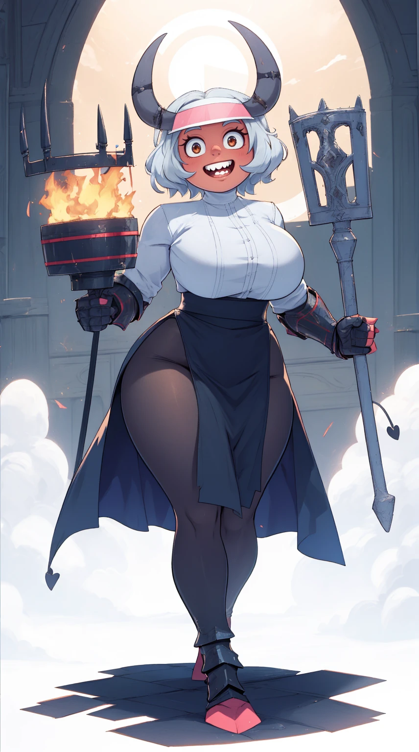 nun, demon girl, walking, , warpriesstes, silver hair, short hair, sacred gauntlets, long ski, cute smile, pure smile, love smile,,veillong skirt, pantyhose, staff holding, armor, gloves, standing, full body,sharpteeth,standing, full body, happy, joyfull