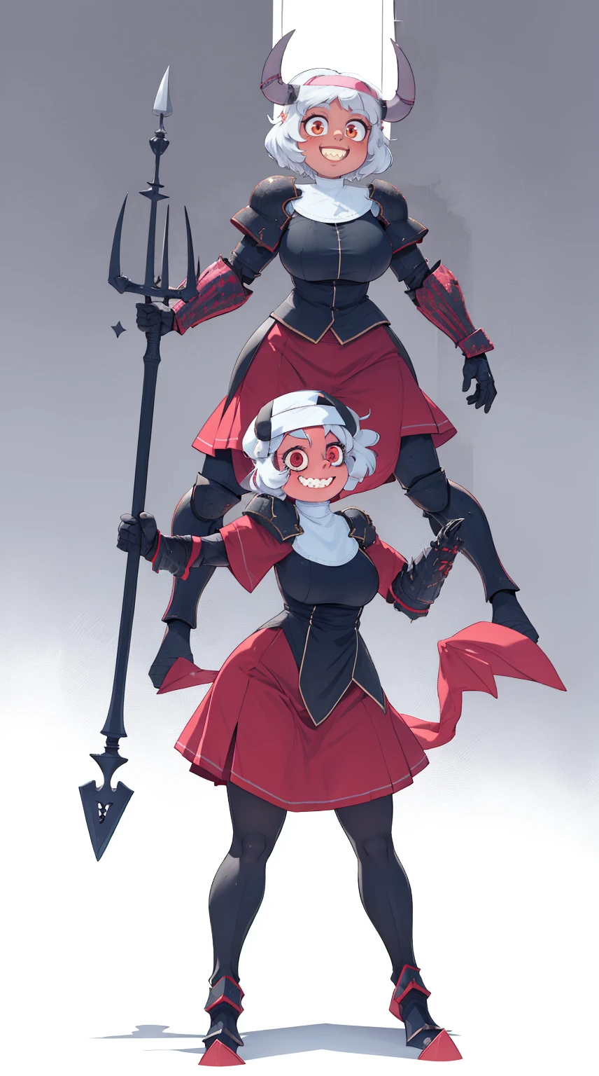 nun, demon girl, walking, , warpriesstes, silver hair, short hair, sacred gauntlets, long ski, cute smile, pure smile, love smile,,veillong skirt, pantyhose, staff holding, armor, gloves, standing, full body,sharpteeth,standing, full body, happy, joyfull