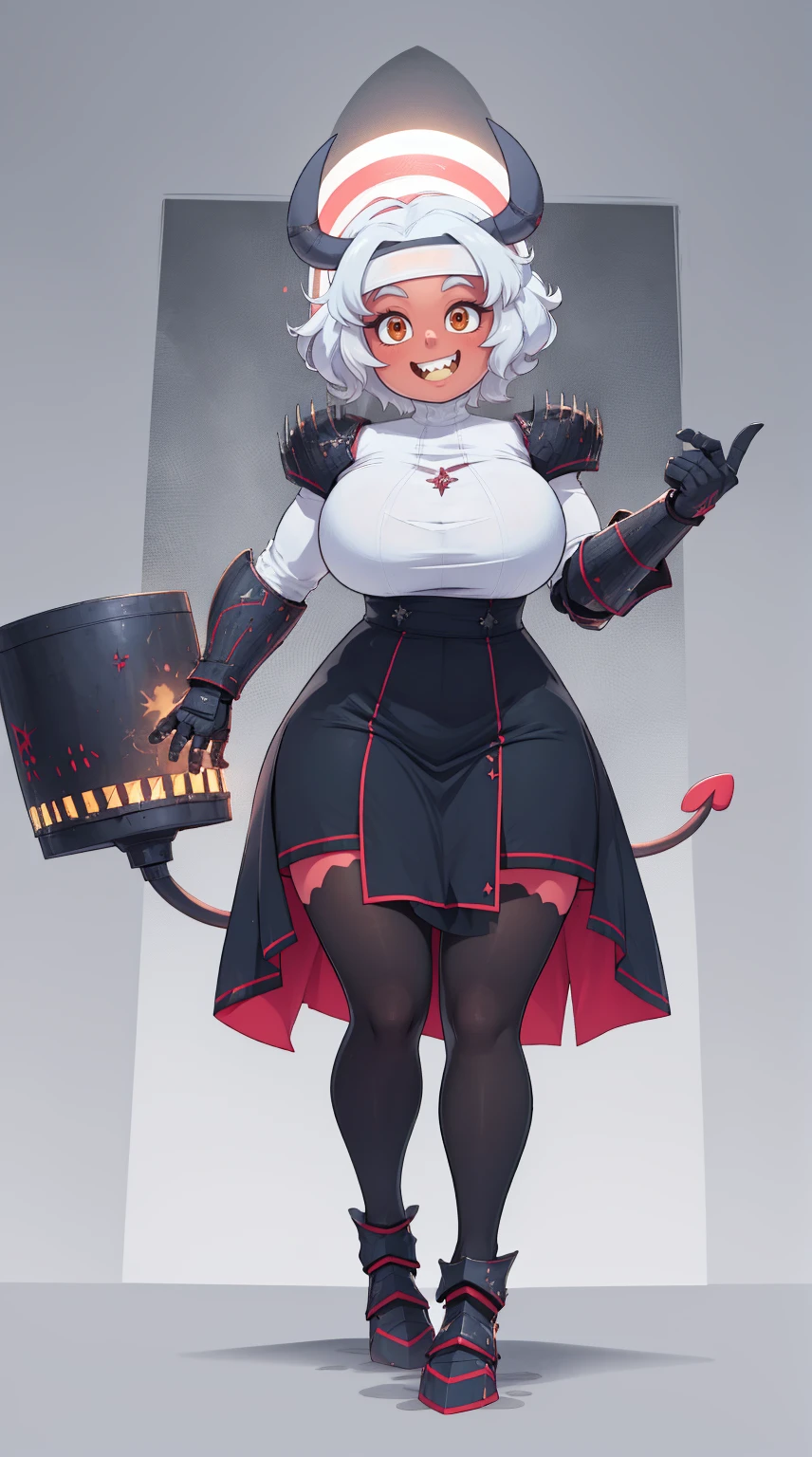 nun, demon girl, walking, , warpriesstes, silver hair, short hair, sacred gauntlets, long ski, cute smile, pure smile, love smile,,veillong skirt, pantyhose, staff holding, armor, gloves, standing, full body,sharpteeth,standing, full body, happy, joyfull