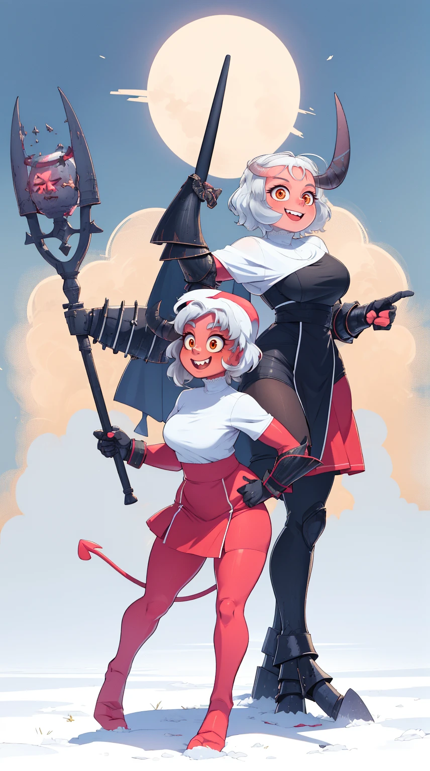 nun, demon girl, walking, , warpriesstes, silver hair, short hair, sacred gauntlets, long ski, cute smile, pure smile, love smile,,veillong skirt, pantyhose, staff holding, armor, gloves, standing, full body,sharpteeth,standing, full body, happy, joyfull