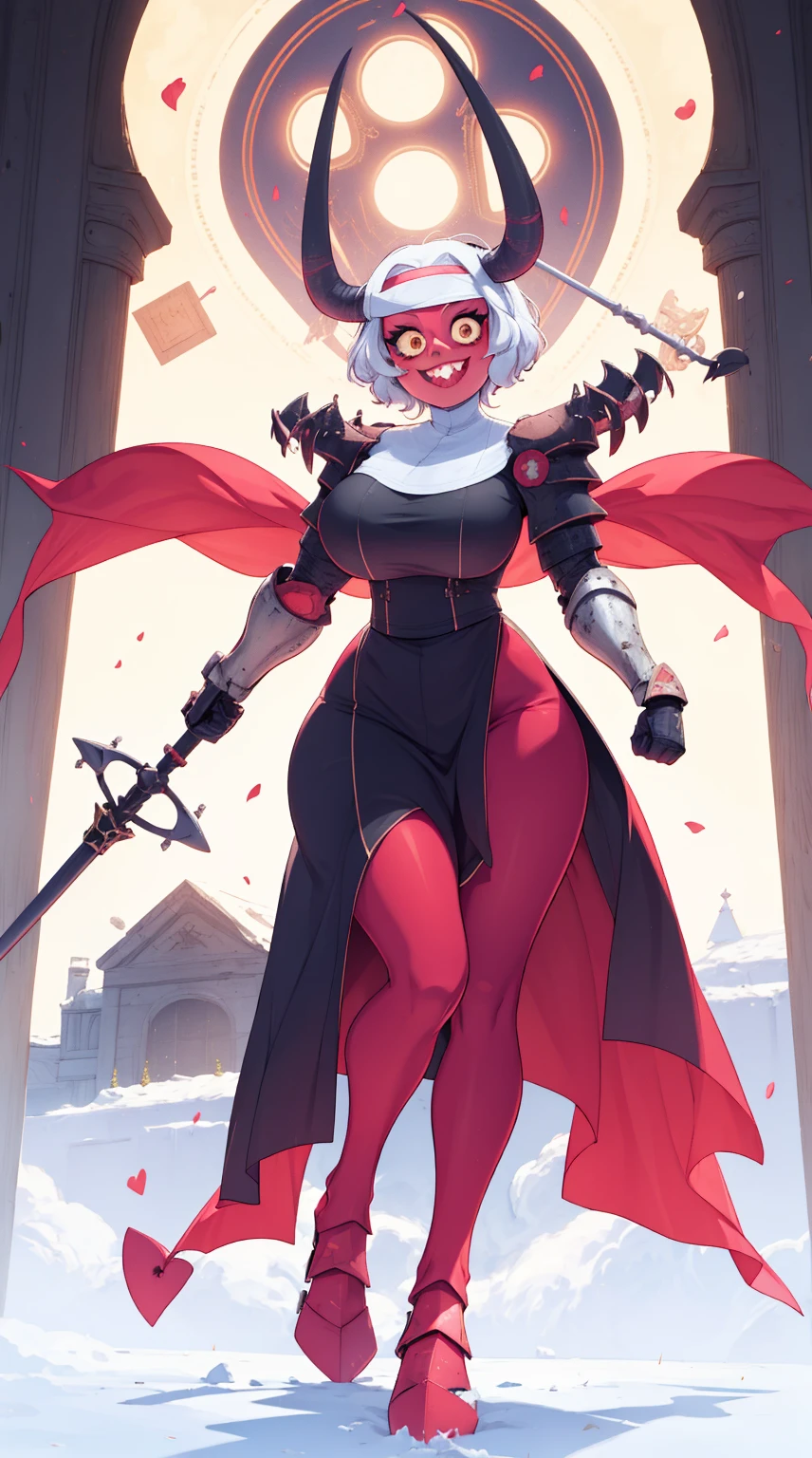 nun, demon girl, walking, , warpriesstes, silver hair, short hair, sacred gauntlets, long ski, cute smile, pure smile, love smile,,veillong skirt, pantyhose, staff holding, armor, gloves, standing, full body,sharpteeth,standing, full body, happy, joyfull