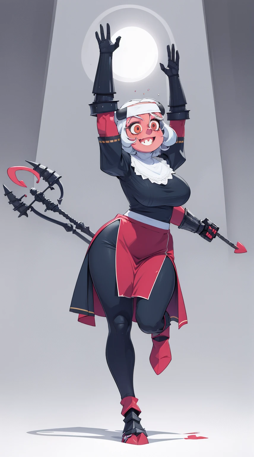 nun, demon girl, walking, , warpriesstes, silver hair, short hair, sacred gauntlets, long ski, cute smile, pure smile, love smile,,veillong skirt, pantyhose, staff holding, armor, gloves, standing, full body,sharpteeth,standing, full body, happy, joyfull