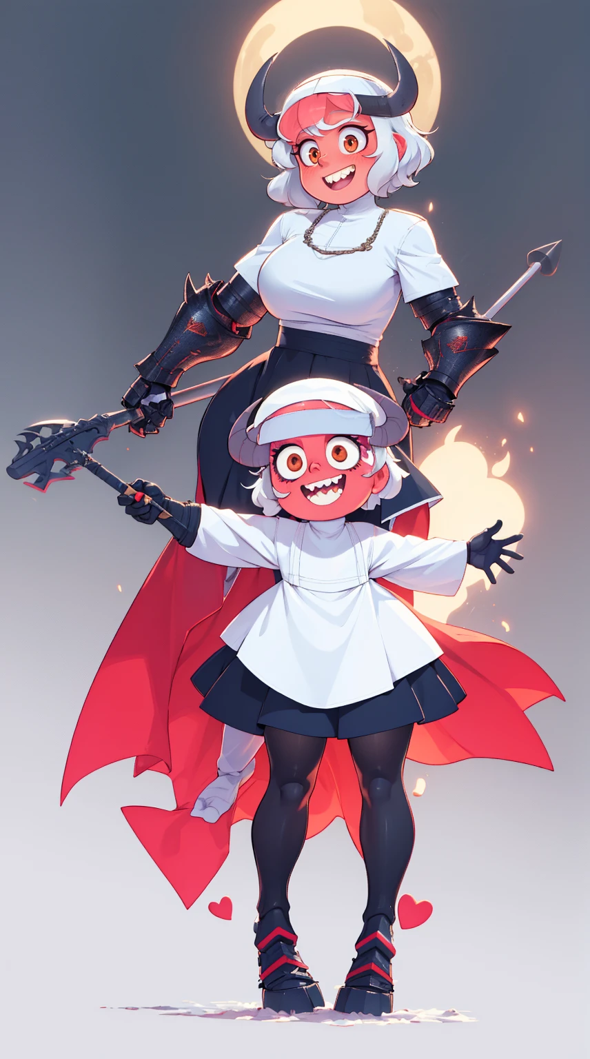 nun, demon girl, walking, , warpriesstes, silver hair, short hair, sacred gauntlets, long ski, cute smile, pure smile, love smile,,veillong skirt, pantyhose, staff holding, armor, gloves, standing, full body,sharpteeth,standing, full body, happy, joyfull