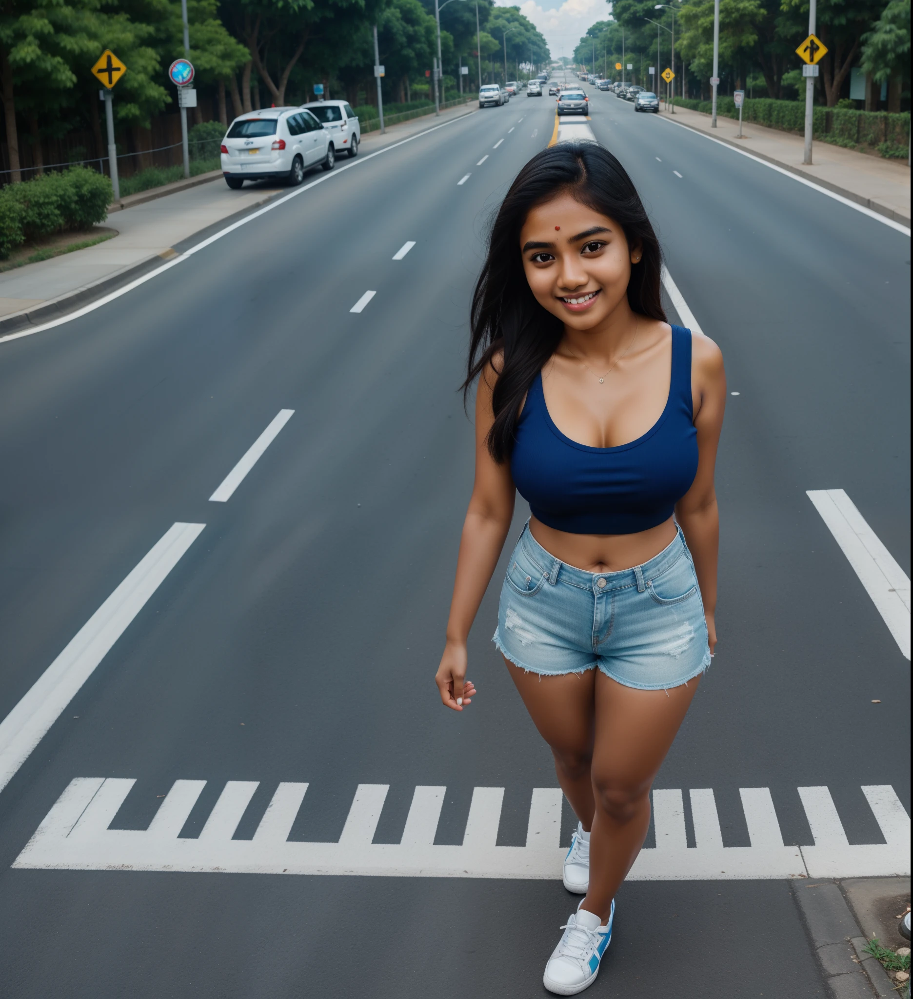 Happy laugh, standing in the distance, crossing the road on a zebra crossing lane, traffic signal, night city, short shirt rolled sleeves, blue shorts, sports shoes, Tamil girl, (round face, glowing eyes, straight nose, glossy lips, textured skin, dusky complexion, shiny hair, perfect 5 fingers, sexy thighs, seemy legs), intricate background detailing, HDR, hyper realistic, bird eye view