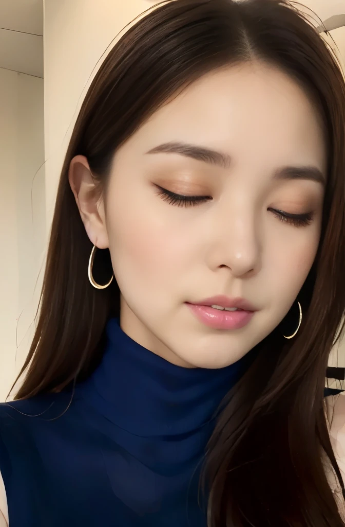 (((Violet Sleeveless Turtleneck Knitted Dress:1.2)))、(innocent and elegant girl)、(cowboy shot:1.2)、(focus on face and chest)、big breasts、(Luxury hotels:1.2)、From above、(straight hairstyle、brown hair、medium long hair)、Highly detailed face and skin texture、detailed eye、double eyelid、pale cheeks、 small shiny necklace and earrings、glossy lips:1.4、pure white skin:1.2、((big breasts:1.2))、((Close your eyes and ask for a kiss:1.4))