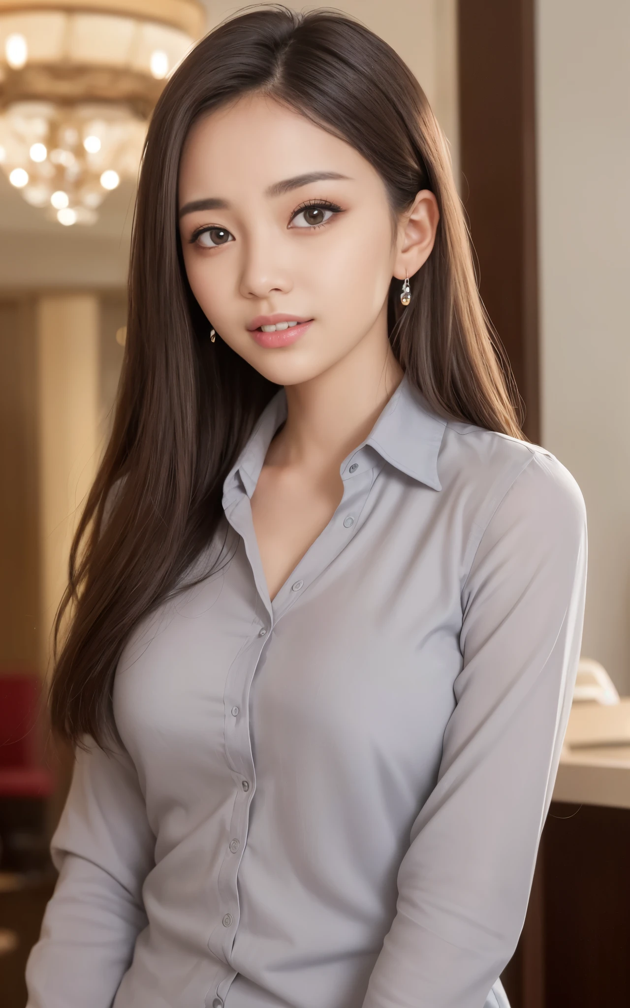 highest quality, figure, super detailed, finely, High resolution, 8k wallpaper, 完璧なダイナミックな構figure, beautiful skin, (Big eyes that shine like jewels), 20 year old beautiful girl, natural color lip, random sexy poses, Chest middle, smile, Highly detailed face and skin texture, Detailed eyes, Double eyelid,leaking teeth and laughing, close-up, Brown hair long hair, (gray cut shirt:1.2), beautiful hotel lobby