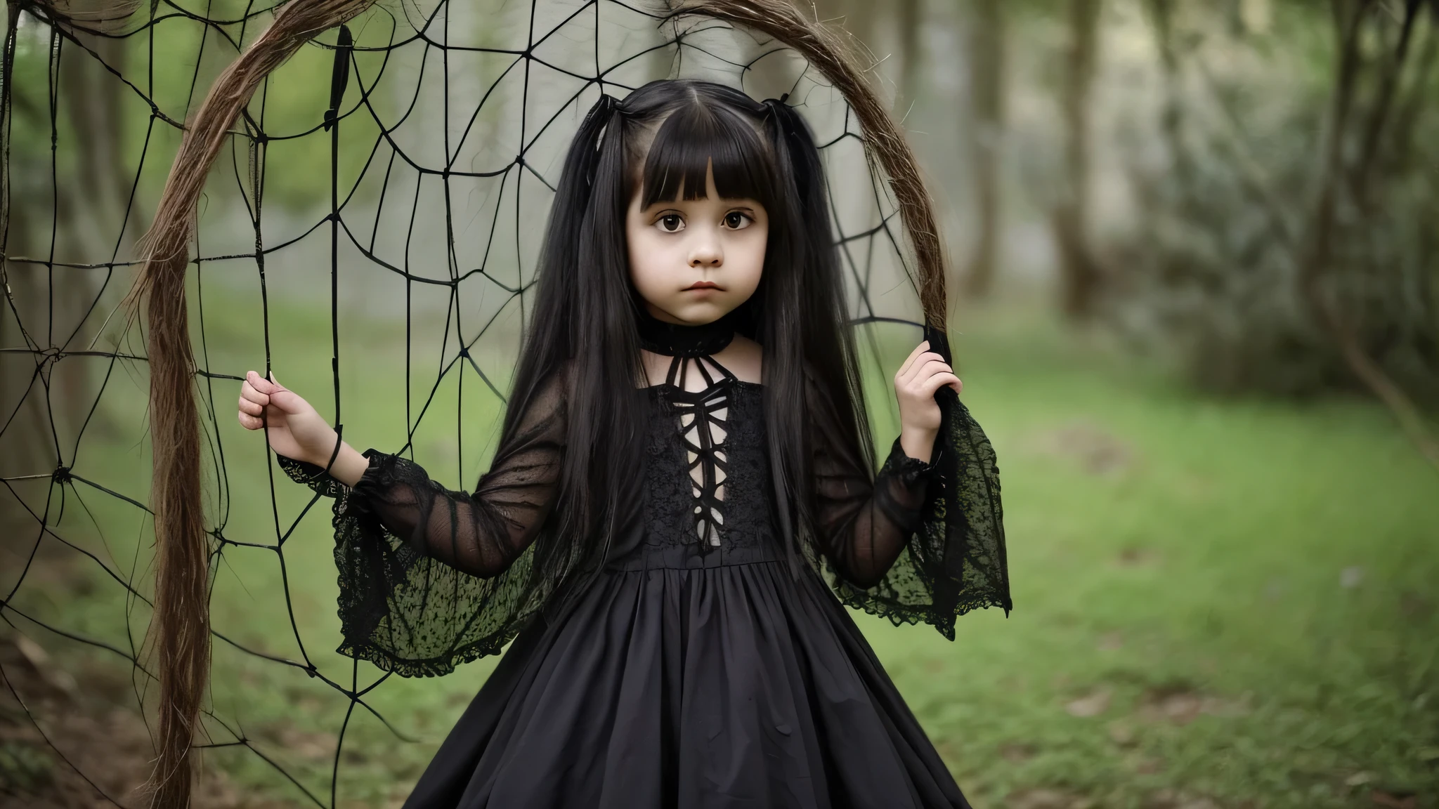 Child girl in gothic net symbolic clothes, 。.com (Arame farpado do corpo) cabelo de cor morena,Extremidades dos cabelos grisalhos