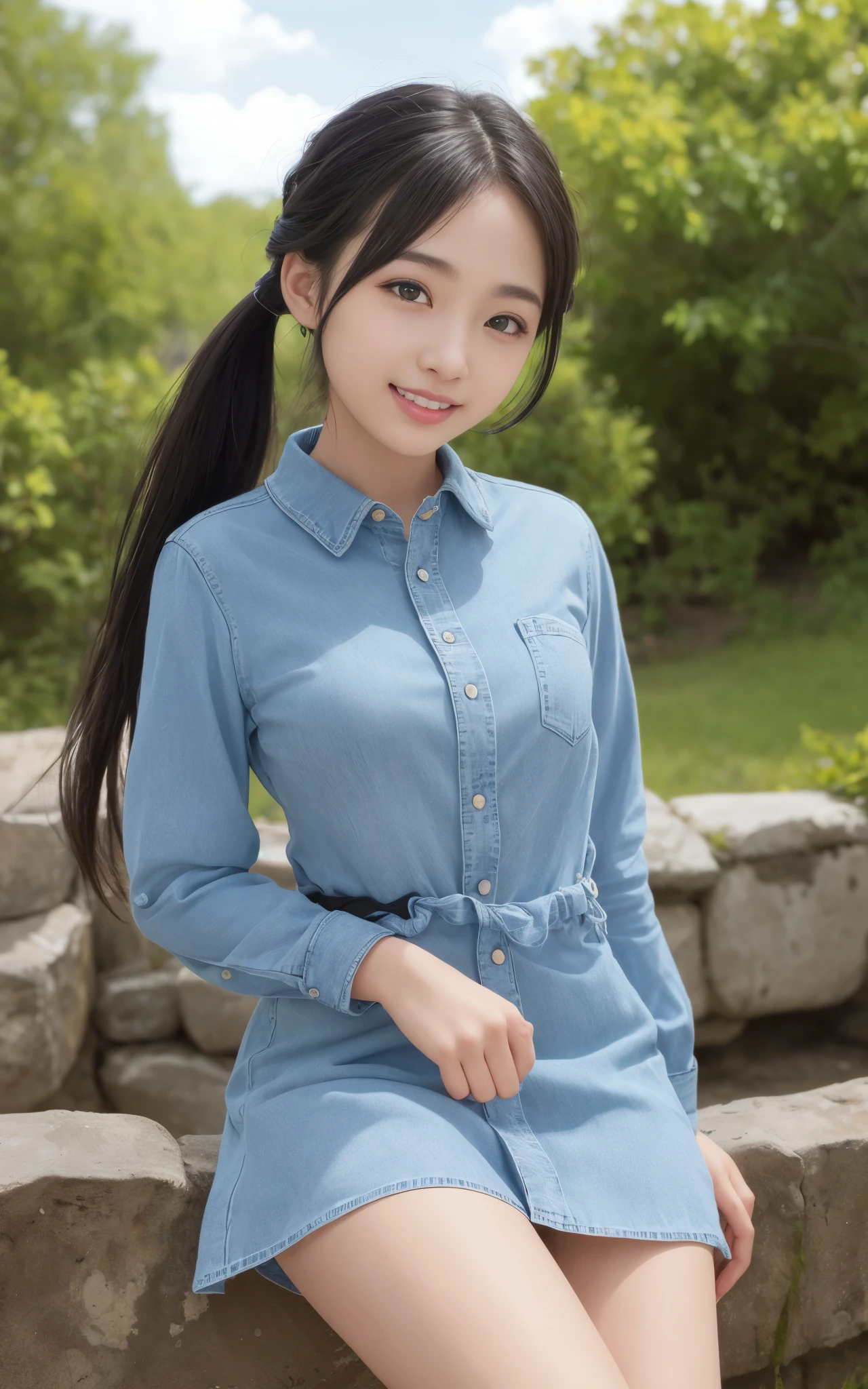 highest quality, figure, super detailed, finely, High resolution, 8k wallpaper, 完璧なダイナミックな構figure, beautiful skin, (Big eyes that shine like jewels), 20 year old beautiful girl, natural color lip, random sexy poses, Chest middle, smile, Highly detailed face and skin texture, Detailed eyes, Double eyelid,leaking teeth and laughing, close-up, from behind, black hair twintails, (denim dress shirt:1.2), beautiful scenery
