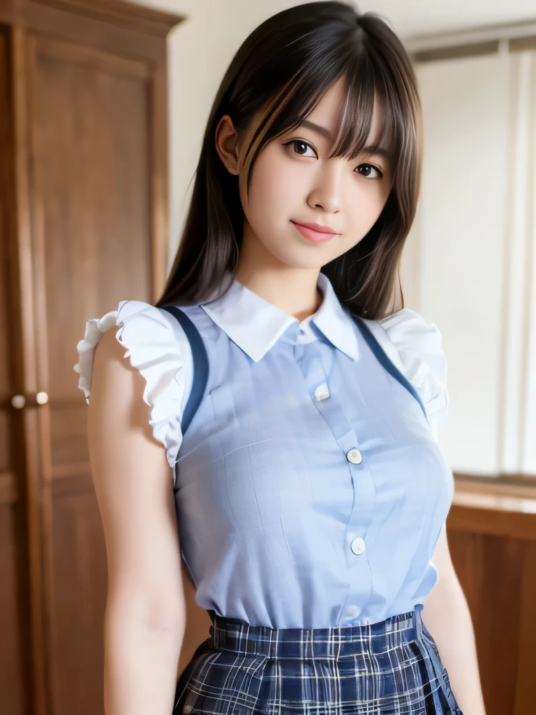 ((cleavage is visible,chest wide open)),standing straight,1 nogizaka girl, utterly cute, bishojo, 17yo, (white school uniform short sleeves), (blue plaid pleated skirt), an exquisitely detailed and beautiful face and eyes and skin, detailed black shine hair, small-medium breasts, smile at the camera, professional lighting, BREAK, (realistic, photo-realistic:1.37), 8k, (masterpiece), (best quality:1.4), (ultra high res:1.2), (RAW photo:1.2), (ultra detailed beautiful cloth), perfect anatomy, 4fingers and 1thumbs, ultra detailed background, (unity 8k wallpaper), ((cute smile)),((wearing a blouse with a short length, the abdomen is visible)),