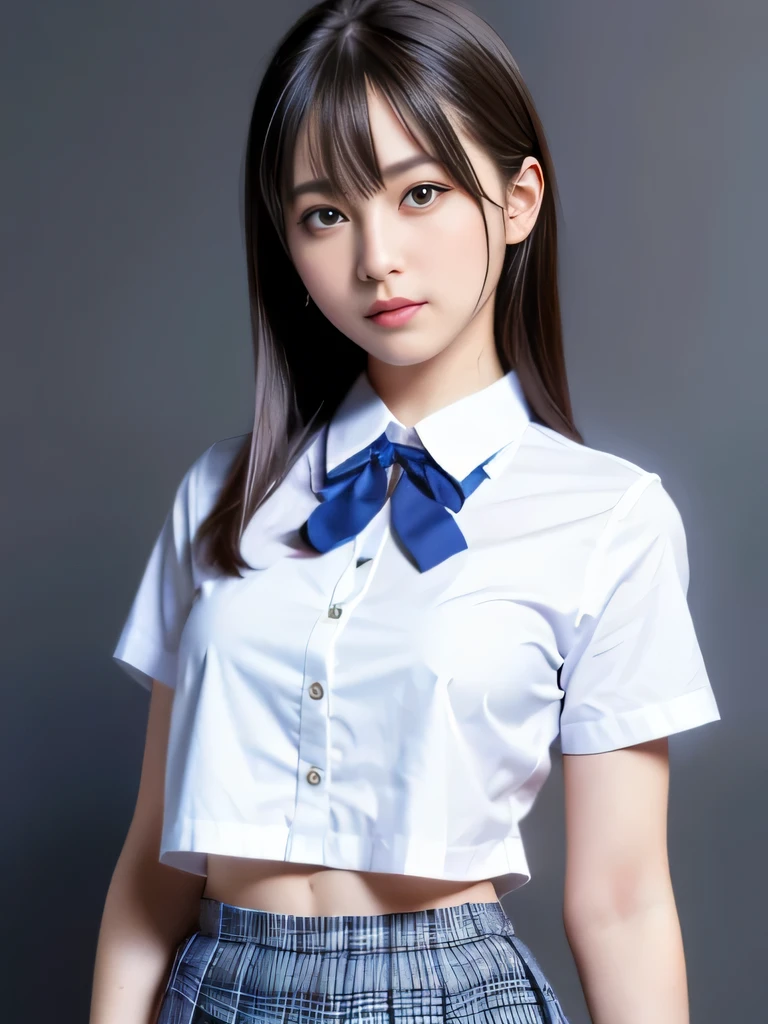 cleavage is visible,chest wide open,standing straight,1 nogizaka girl, utterly cute, bishojo, yo, (white school uniform short sleeves), (blue plaid pleated skirt), an exquisitely detailed and beautiful face and eyes and skin, detailed black shine hair, small-medium breasts, smile at the camera, professional lighting, BREAK, (realistic, photo-realistic:1.37), 8k, (masterpiece), (best quality:1.4), (ultra high res:1.2), (RAW photo:1.2), (ultra detailed beautiful cloth), perfect anatomy, 4fingers and 1thumbs, ultra detailed background, (unity 8k wallpaper), ((cute smile)),((wearing a blouse with a short length, the abdomen is visible)),
