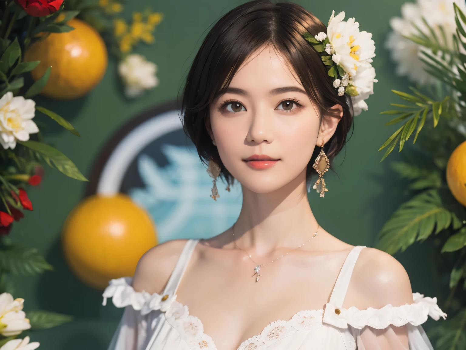 148
(20 year old woman,Floral costume), (surreal), (High resolution), ((beautiful hairstyle 46)), ((short hair:1.46)), (gentle smile), (breasted:1.1), (lipstick)
