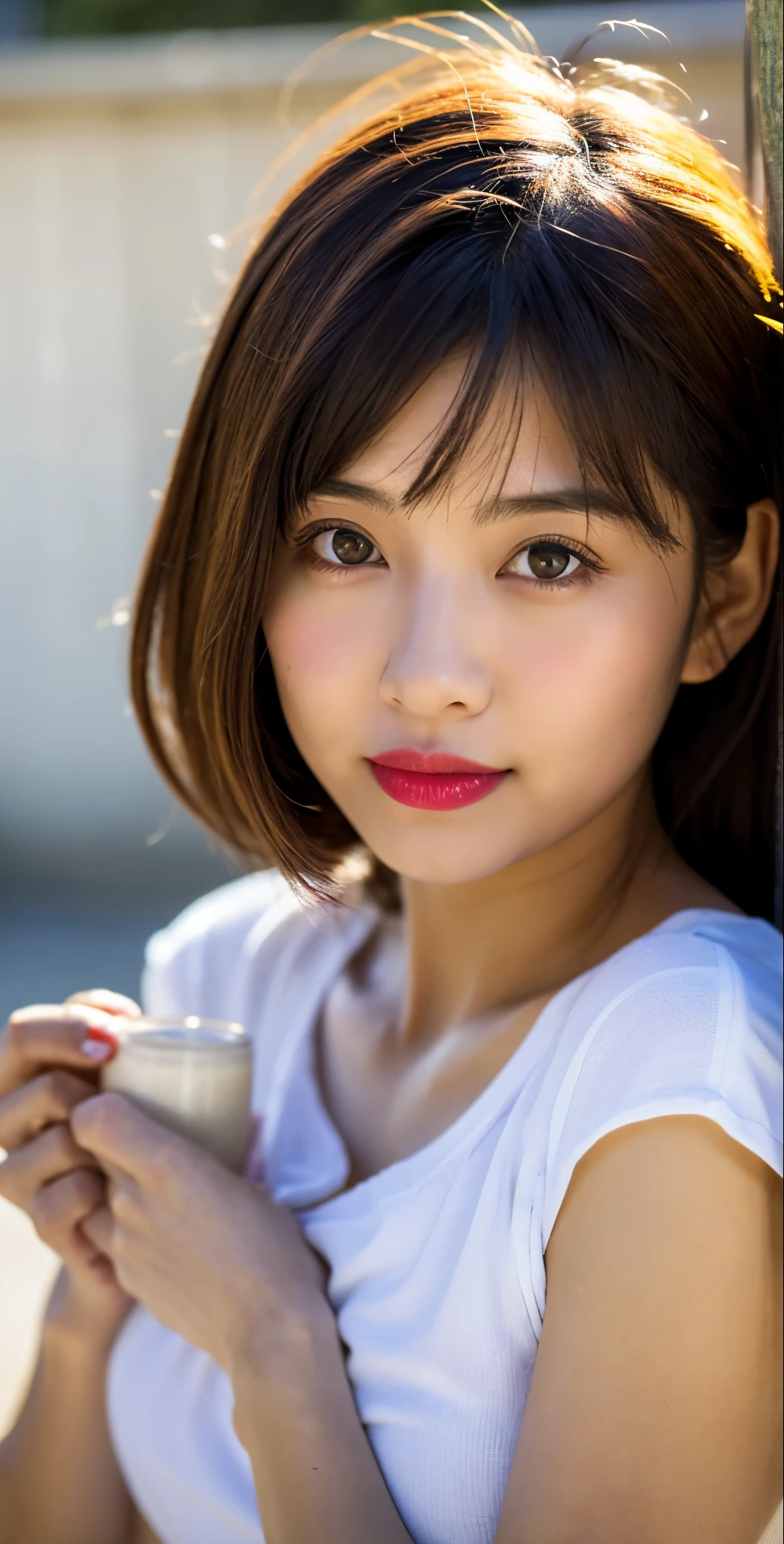 Extremely realistic，stand up straight，Hold your chest out，The most beautiful woman here，Sleeping on a bed of milk，Simple background，4086kbit，Extreme details，The truth of the skin and the texture of the skin，plenty of sunshine，Yua Mikami，，Yui Aragaki，Mitami Hamabe，Rei Honjo，Yu Namiki，Yu Shinoda，Upper body close-up，red lips