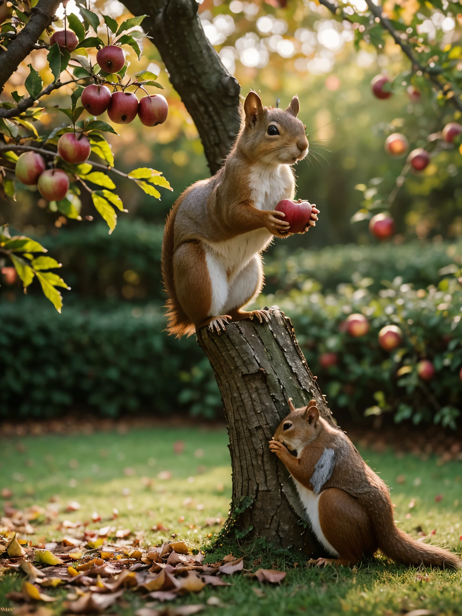 squirrel eating apple,fluffy tail,curious expression,sharp teeth,glistening fur,lush green garden,nutty aroma,(best quality,4k,highres,masterpiece:1.2),vivid colors,natural lighting,photorealistic,delicate details,crisp texture,playful atmosphere,cheerful nature,shadows and highlights,close-up shot,autumn vibes,sun-dappled scene,juicy apple slices on the ground,hint of fallen leaves,whiskers twitching,mischief in their eyes,joyful chitter-chatter,quaint garden bench,peaceful backdrop,playful energy,intricate markings on the tree bark,delicate apple core discarded,gorgeous garden blooms,subtle movement in the breeze,ample sunshine filtering through the branches,slightly blurred background,harmonious color palette,splashes of vibrant red and green,delightful encounter between nature's creatures,the magic of the ordinary.