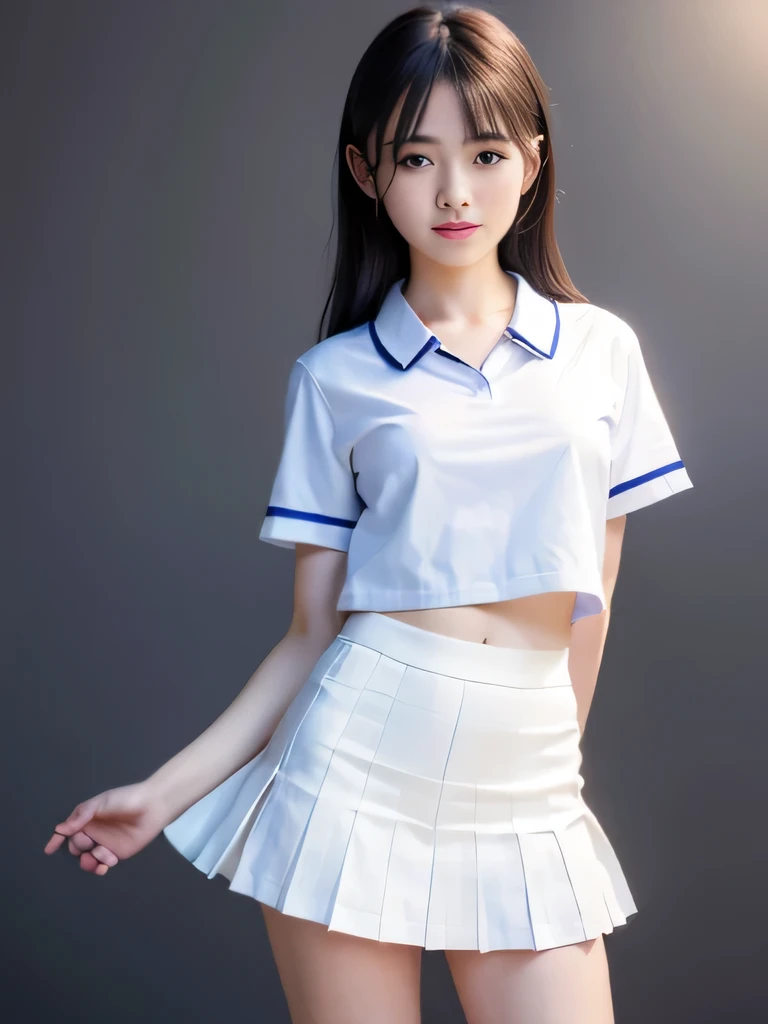 chest wide open,standing straight,1 nogizaka girl, utterly cute, bishojo, 17yo, (white school uniform short sleeves), blue plaid pleated skirt, an exquisitely detailed and beautiful face and eyes and skin, detailed black shine hair, small-medium breasts, smile at the camera, professional lighting, BREAK, (realistic, photo-realistic:1.37), 8k, (masterpiece), (best quality:1.4), (ultra high res:1.2), (RAW photo:1.2), (ultra detailed beautiful cloth), perfect anatomy, 4fingers and 1thumbs, ultra detailed background, (unity 8k wallpaper), (cute smile),((wearing a blouse with a short length, the abdomen is visible)),